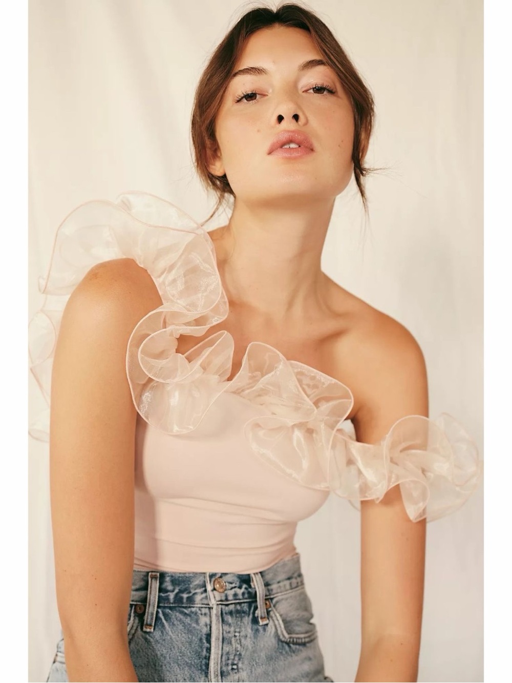 Free People One-Shoulder Ruffle Bodysuit in Blush Pink
